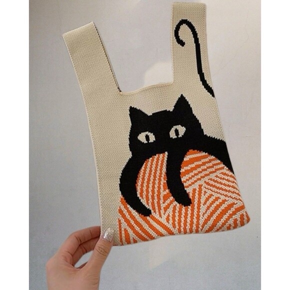 Trendy Black Cat Knit Mini Handbag/Wrist Bag /Tote Bag - NEW - Picture 3 of 5